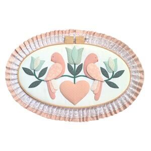 Vintage Cottagecore Peach Love Birds Tulips Heart Hoop Wall Art – Large 18"x26"
